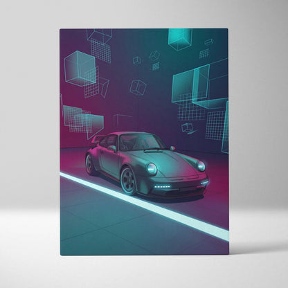 Porsche 911 Turbo Classic Inspired Gray Teal Canvas Wall Art Vaporwave Neon Garage Sports Car Artwork, Cyberpunk Retro Reflection Decor