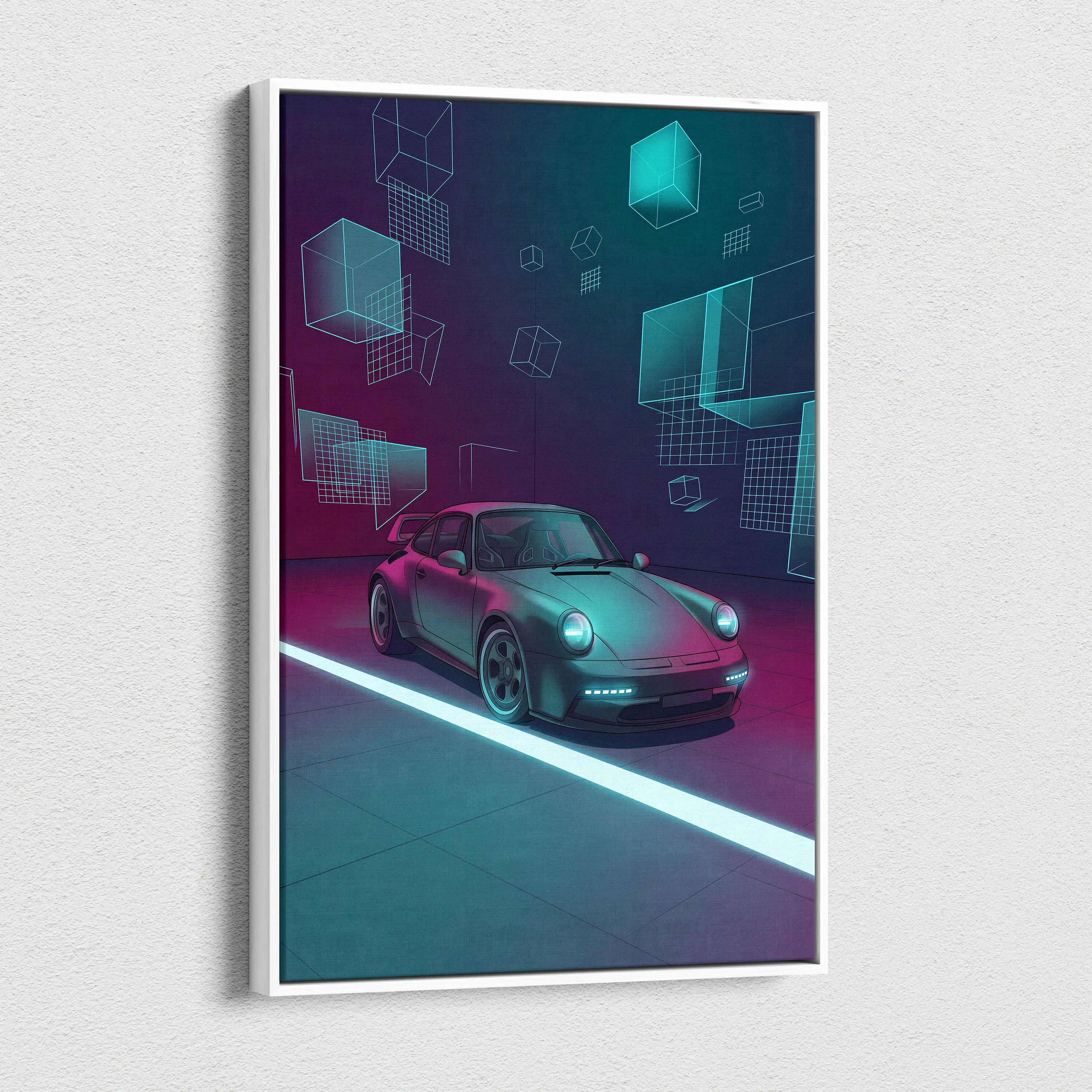 Porsche 911 Turbo Classic Inspired Gray Teal Canvas Wall Art Vaporwave Neon Garage Sports Car Artwork, Cyberpunk Retro Reflection Decor