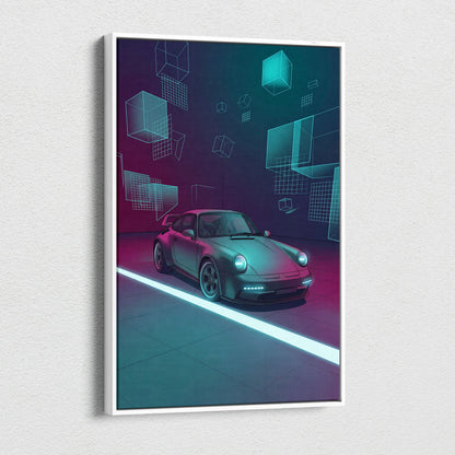 Porsche 911 Turbo Classic Inspired Gray Teal Canvas Wall Art Vaporwave Neon Garage Sports Car Artwork, Cyberpunk Retro Reflection Decor