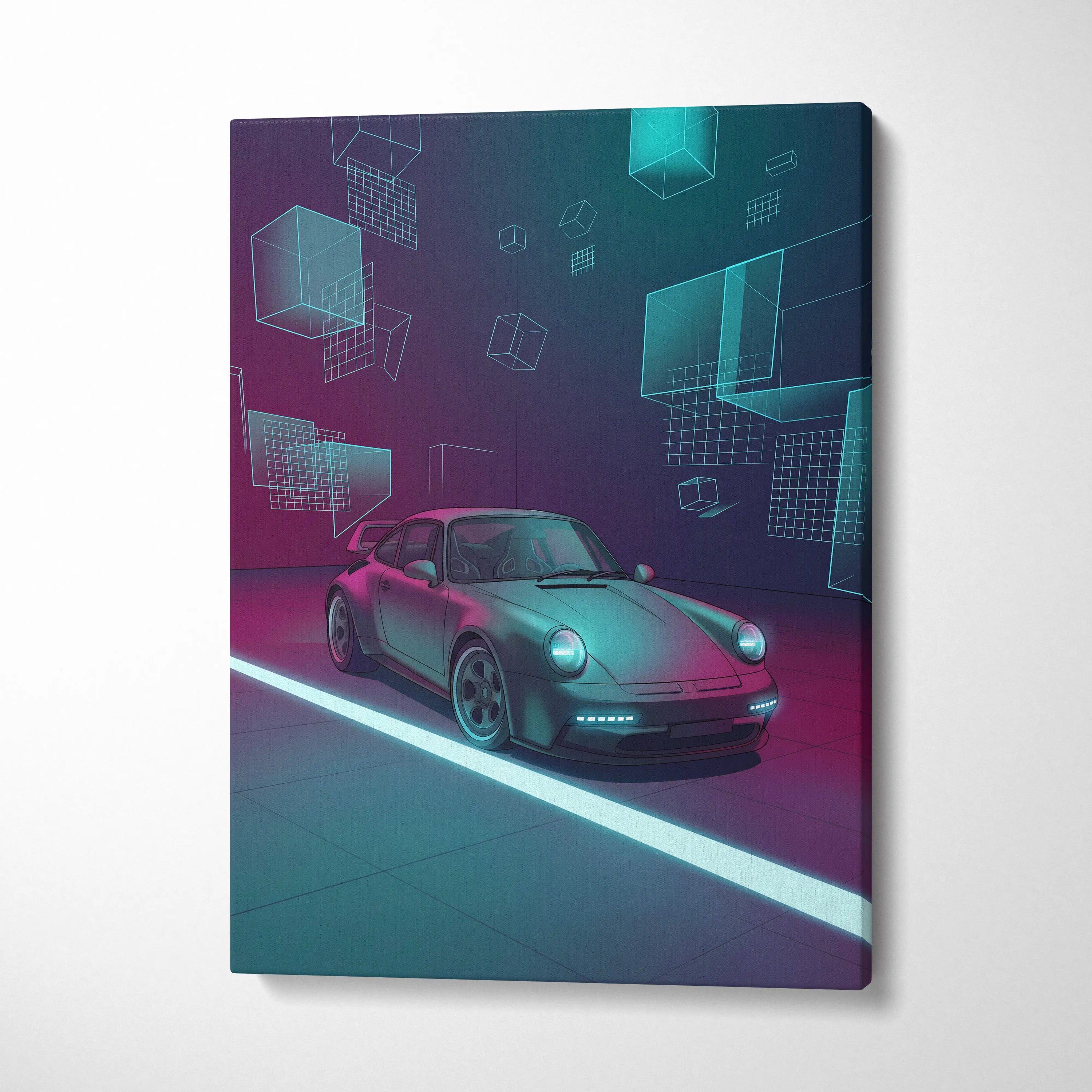 Porsche 911 Turbo Classic Inspired Gray Teal Canvas Wall Art Vaporwave Neon Garage Sports Car Artwork, Cyberpunk Retro Reflection Decor