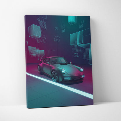Porsche 911 Turbo Classic Inspired Gray Teal Canvas Wall Art Vaporwave Neon Garage Sports Car Artwork, Cyberpunk Retro Reflection Decor