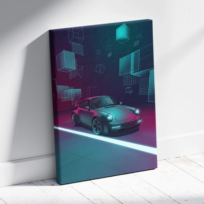 Porsche 911 Turbo Classic Inspired Gray Teal Canvas Wall Art Vaporwave Neon Garage Sports Car Artwork, Cyberpunk Retro Reflection Decor