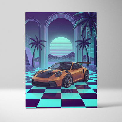 Porsche 911 GT3 RS Inspired Orange Teal Canvas Wall Art Vaporwave Checkerboard Sports Car Artwork, Neon Palm Garage Decor