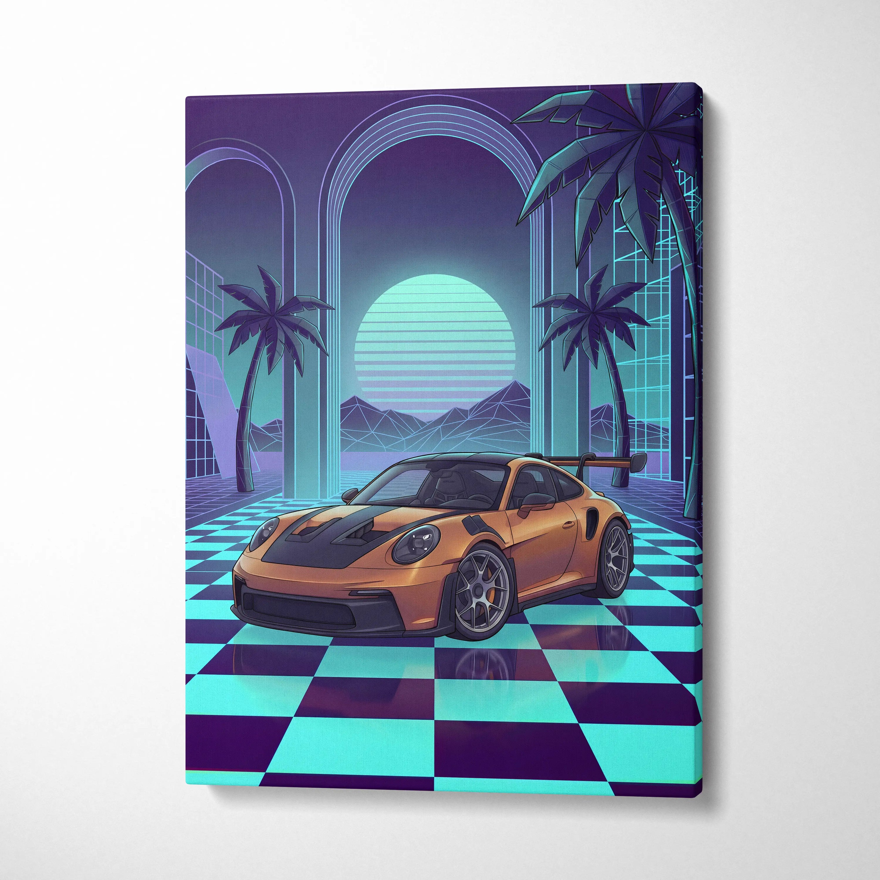 Porsche 911 GT3 RS Inspired Orange Teal Canvas Wall Art Vaporwave Checkerboard Sports Car Artwork, Neon Palm Garage Decor