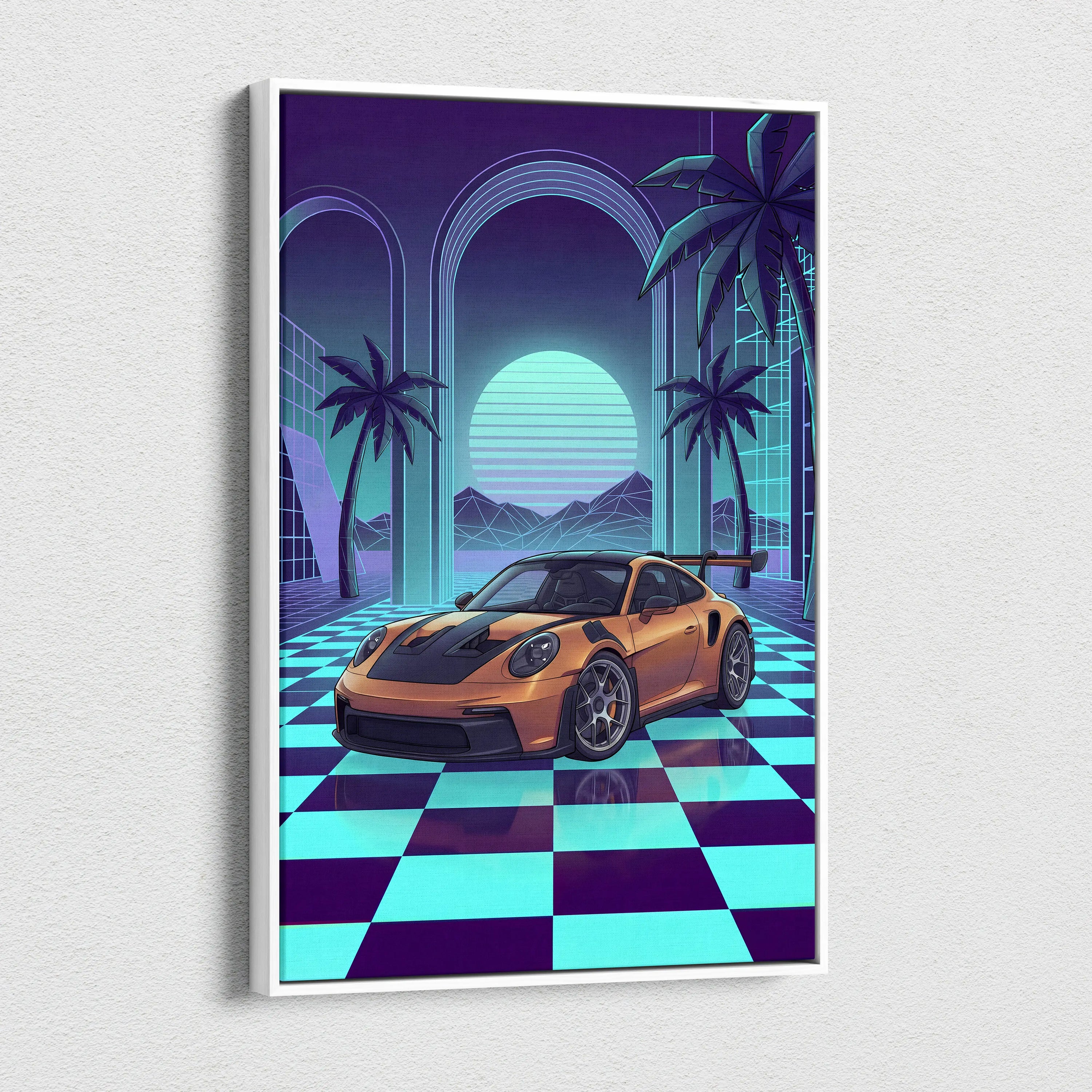 Porsche 911 GT3 RS Inspired Orange Teal Canvas Wall Art Vaporwave Checkerboard Sports Car Artwork, Neon Palm Garage Decor