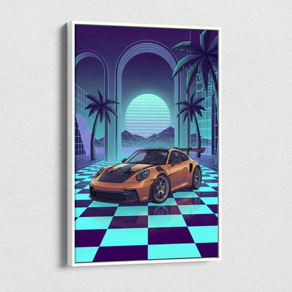 Porsche 911 GT3 RS Inspired Orange Teal Canvas Wall Art Vaporwave Checkerboard Sports Car Artwork, Neon Palm Garage Decor