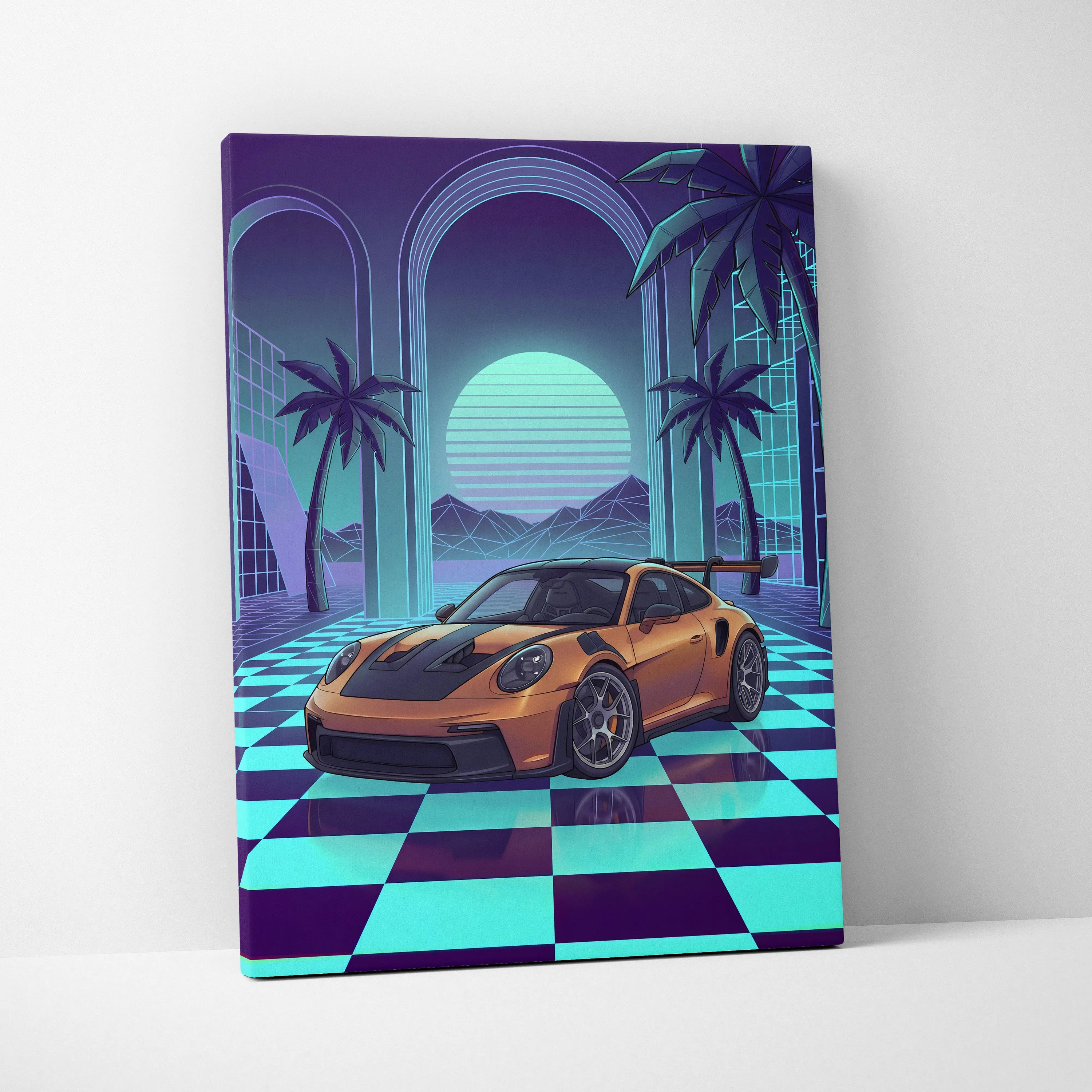 Porsche 911 GT3 RS Inspired Orange Teal Canvas Wall Art Vaporwave Checkerboard Sports Car Artwork, Neon Palm Garage Decor