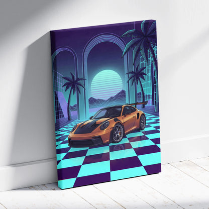 Porsche 911 GT3 RS Inspired Orange Teal Canvas Wall Art Vaporwave Checkerboard Sports Car Artwork, Neon Palm Garage Decor