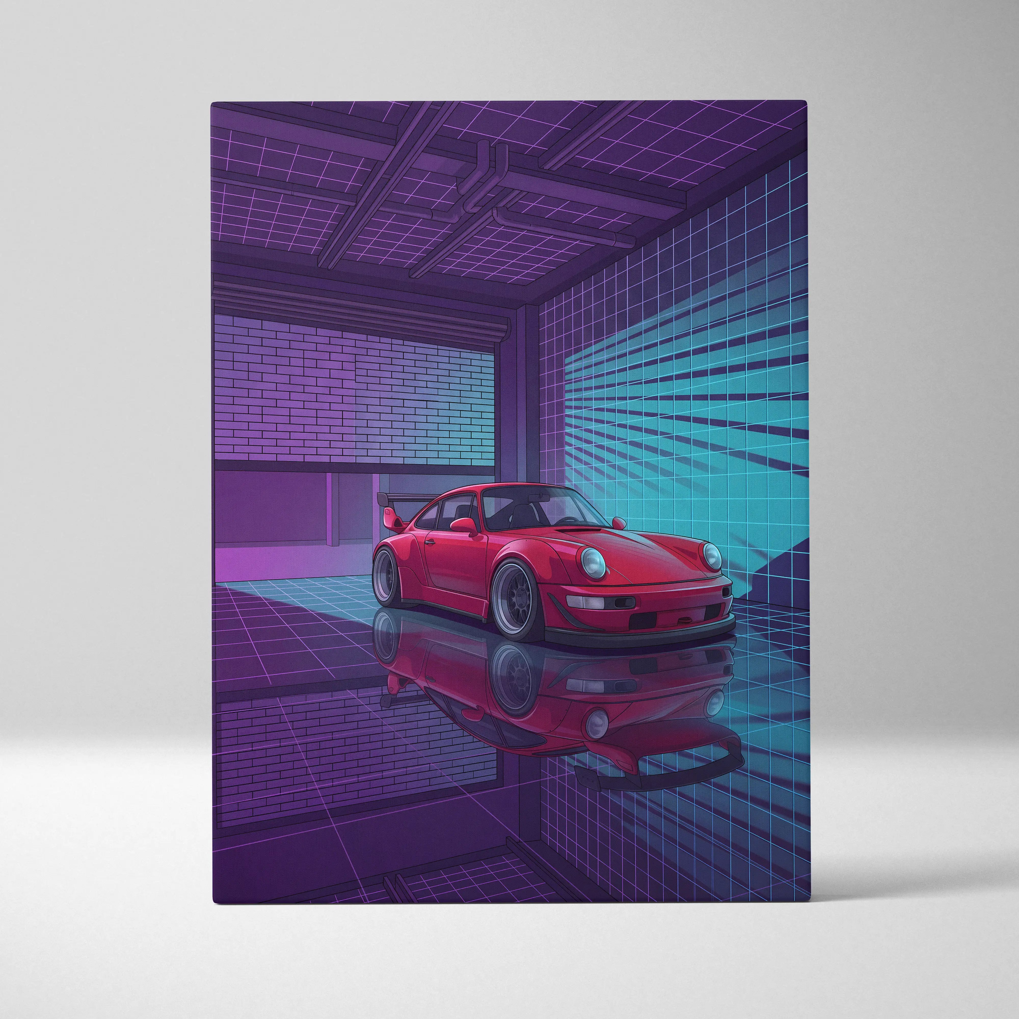 Porsche 911 Turbo Classic Inspired Red Purple Canvas Wall Art Vaporwave Neon Garage Sports Car Artwork, Retro Cyberpunk Reflection Decor