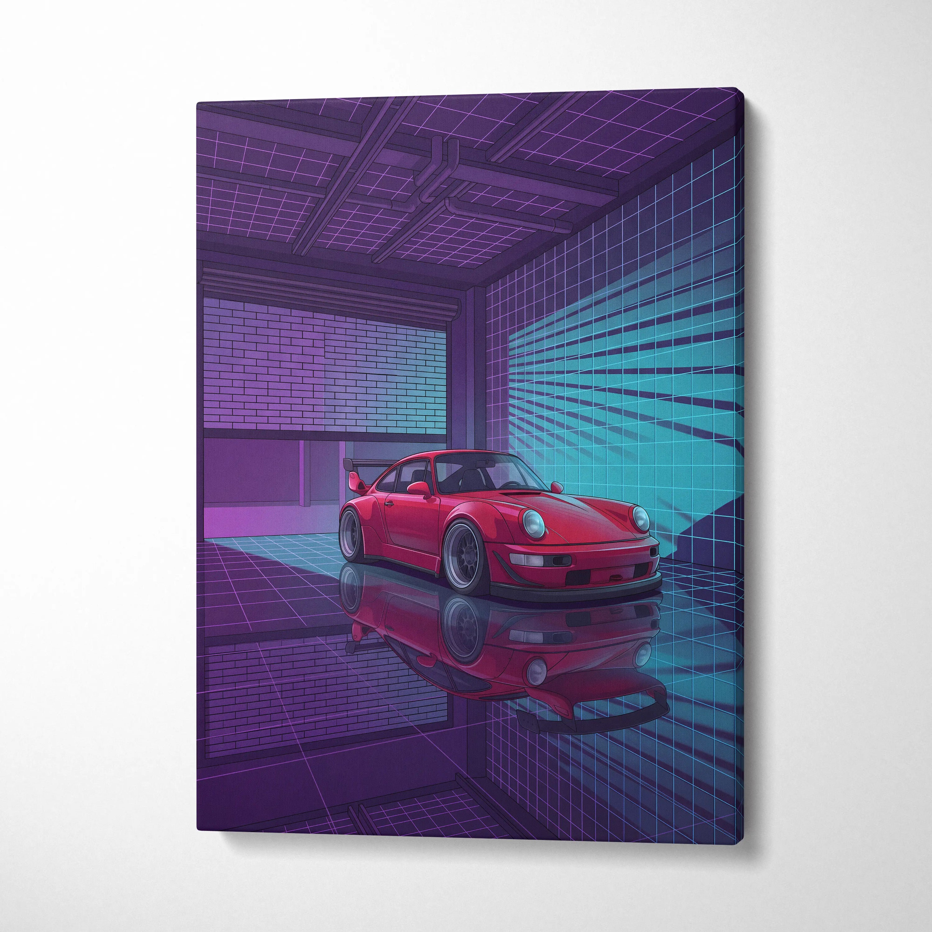 Porsche 911 Turbo Classic Inspired Red Purple Canvas Wall Art Vaporwave Neon Garage Sports Car Artwork, Retro Cyberpunk Reflection Decor