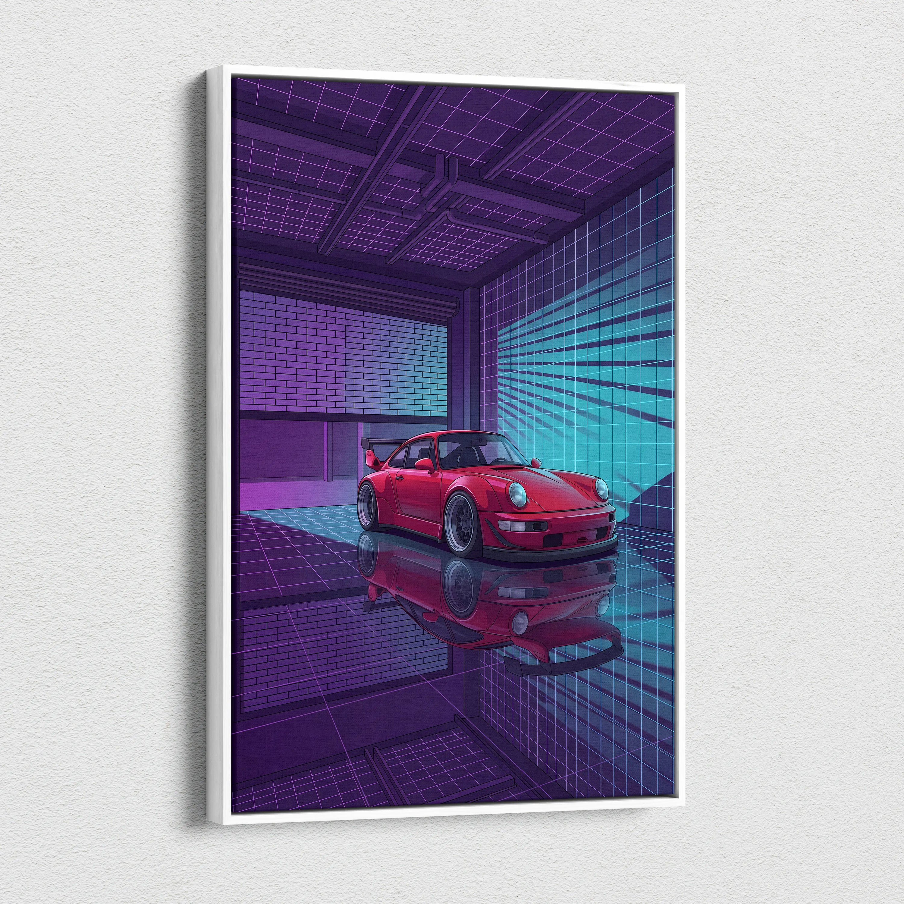 Porsche 911 Turbo Classic Inspired Red Purple Canvas Wall Art Vaporwave Neon Garage Sports Car Artwork, Retro Cyberpunk Reflection Decor