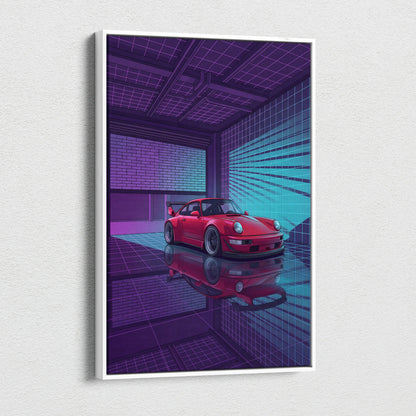 Porsche 911 Turbo Classic Inspired Red Purple Canvas Wall Art Vaporwave Neon Garage Sports Car Artwork, Retro Cyberpunk Reflection Decor