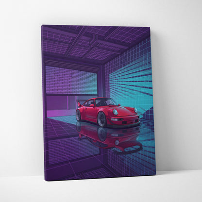 Porsche 911 Turbo Classic Inspired Red Purple Canvas Wall Art Vaporwave Neon Garage Sports Car Artwork, Retro Cyberpunk Reflection Decor