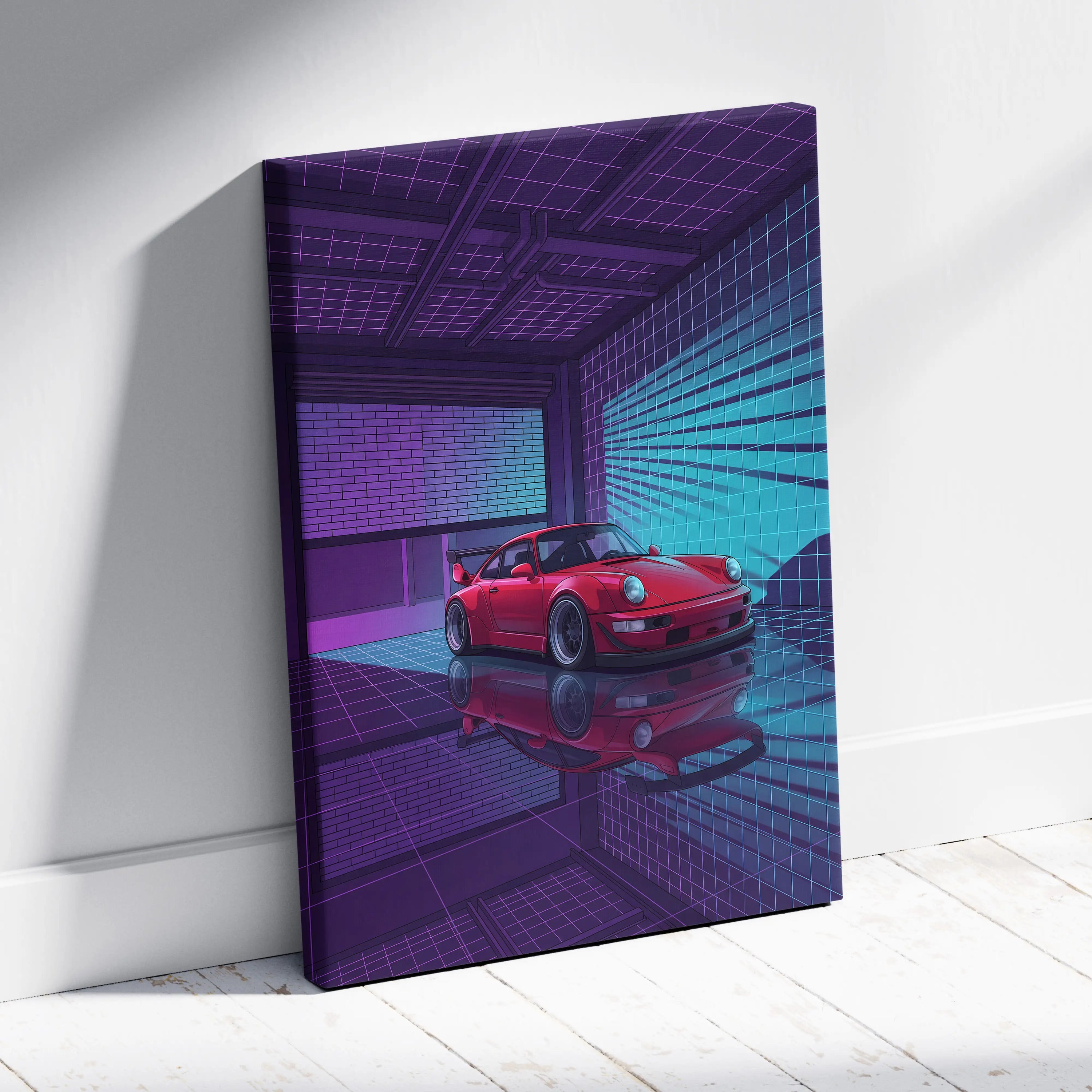 Porsche 911 Turbo Classic Inspired Red Purple Canvas Wall Art Vaporwave Neon Garage Sports Car Artwork, Retro Cyberpunk Reflection Decor