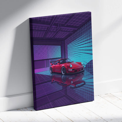 Porsche 911 Turbo Classic Inspired Red Purple Canvas Wall Art Vaporwave Neon Garage Sports Car Artwork, Retro Cyberpunk Reflection Decor