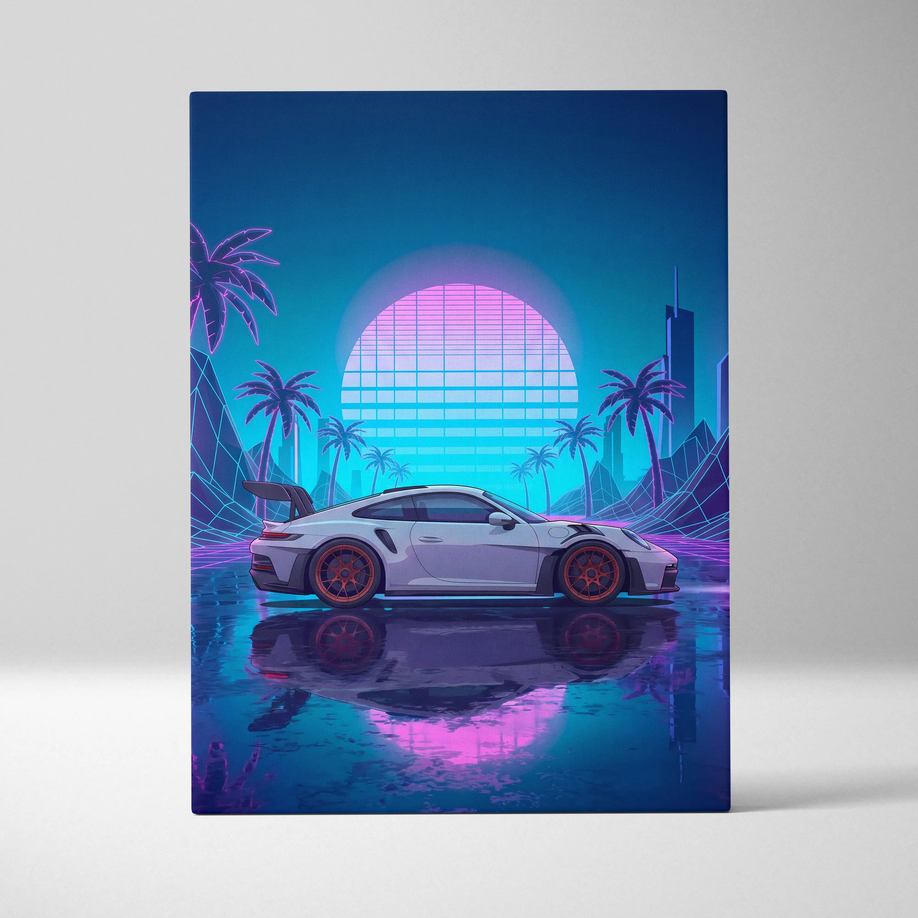 Porsche 911 GT3 RS Inspired White Blue Canvas Wall Art Vaporwave Neon Palm Sports Car Artwork, Cyberpunk Sunset Garage Decor