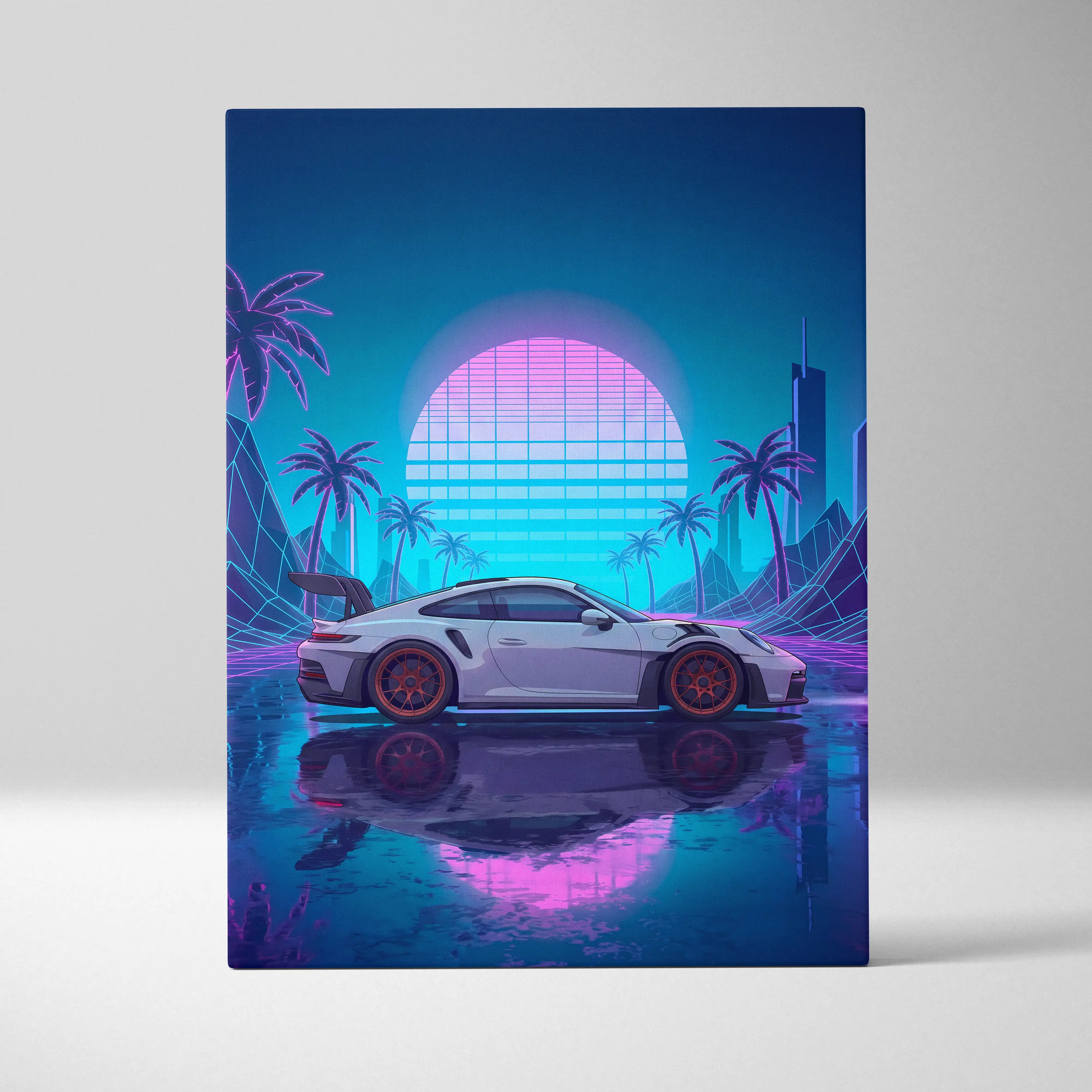 Porsche 911 GT3 RS Inspired White Blue Canvas Wall Art Vaporwave Neon Palm Sports Car Artwork, Cyberpunk Sunset Garage Decor