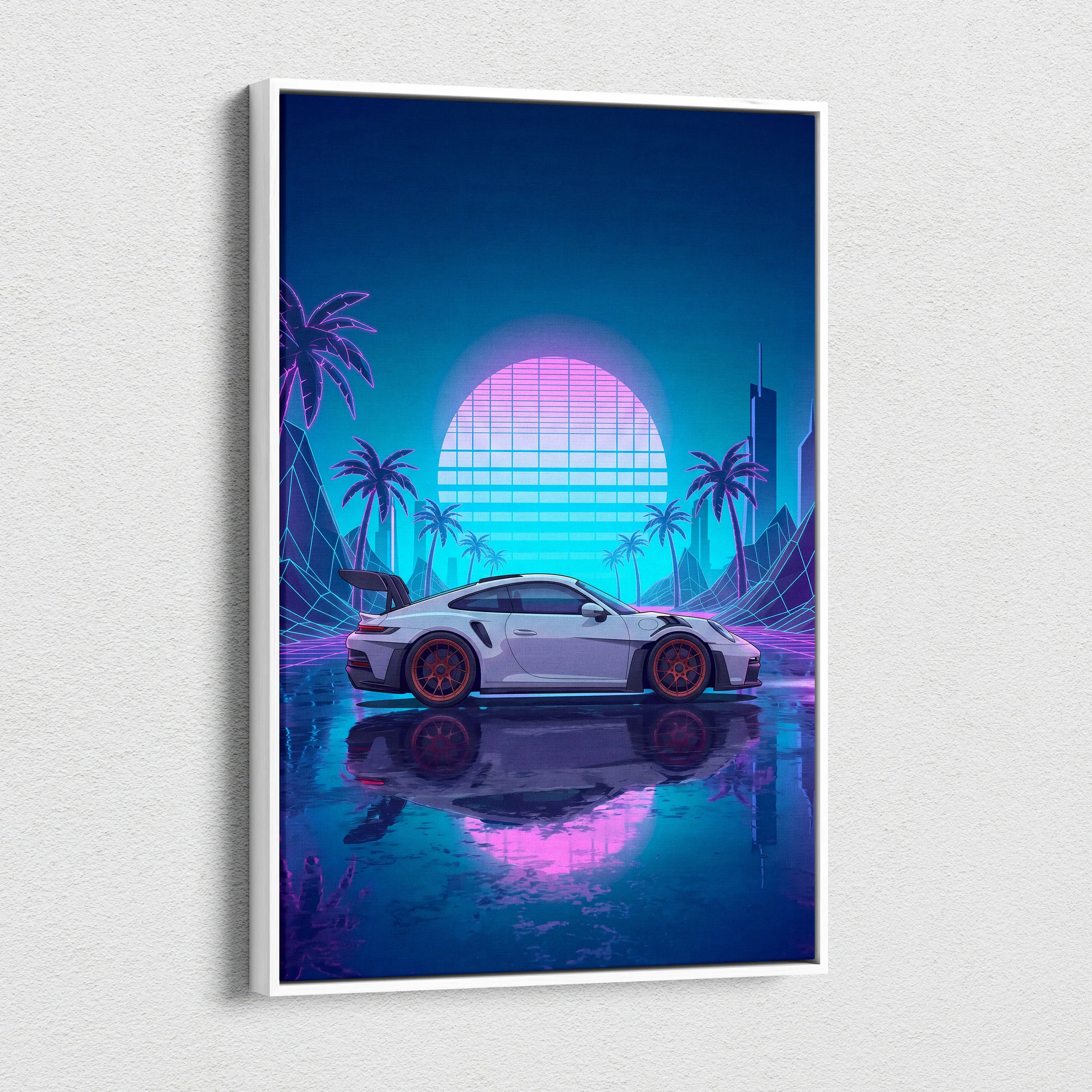 Porsche 911 GT3 RS Inspired White Blue Canvas Wall Art Vaporwave Neon Palm Sports Car Artwork, Cyberpunk Sunset Garage Decor