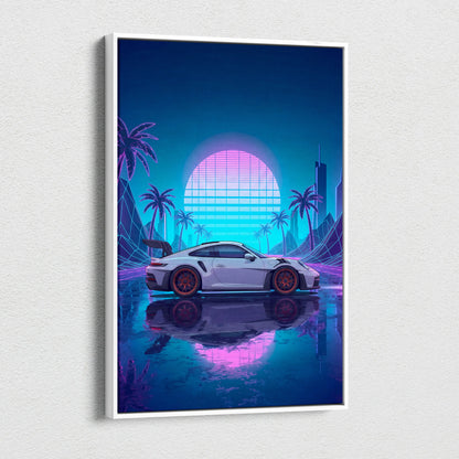Porsche 911 GT3 RS Inspired White Blue Canvas Wall Art Vaporwave Neon Palm Sports Car Artwork, Cyberpunk Sunset Garage Decor