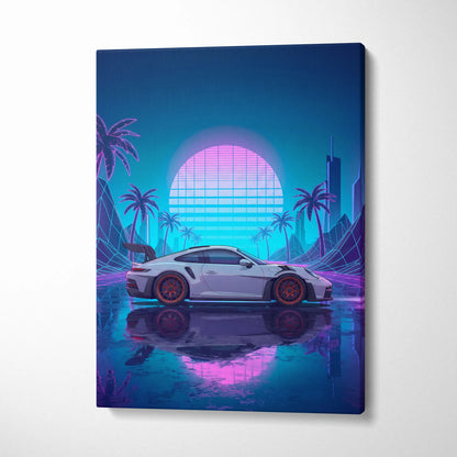 Porsche 911 GT3 RS Inspired White Blue Canvas Wall Art Vaporwave Neon Palm Sports Car Artwork, Cyberpunk Sunset Garage Decor
