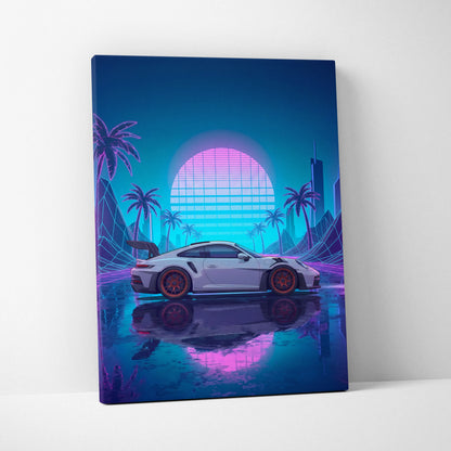 Porsche 911 GT3 RS Inspired White Blue Canvas Wall Art Vaporwave Neon Palm Sports Car Artwork, Cyberpunk Sunset Garage Decor