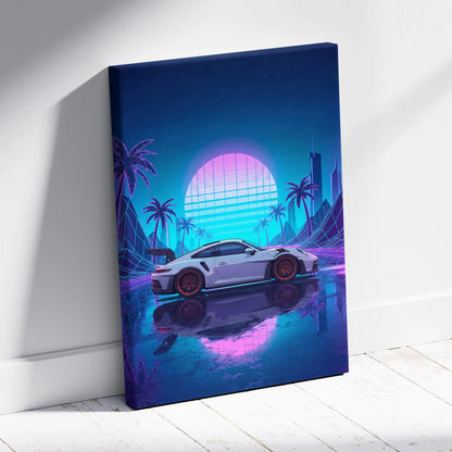 Porsche 911 GT3 RS Inspired White Blue Canvas Wall Art Vaporwave Neon Palm Sports Car Artwork, Cyberpunk Sunset Garage Decor