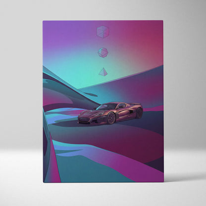 Rimac Nevera Inspired Burgundy Teal Canvas Wall Art Vaporwave Abstract Hypercar Artwork, Futuristic Neon Supercar Garage Decor