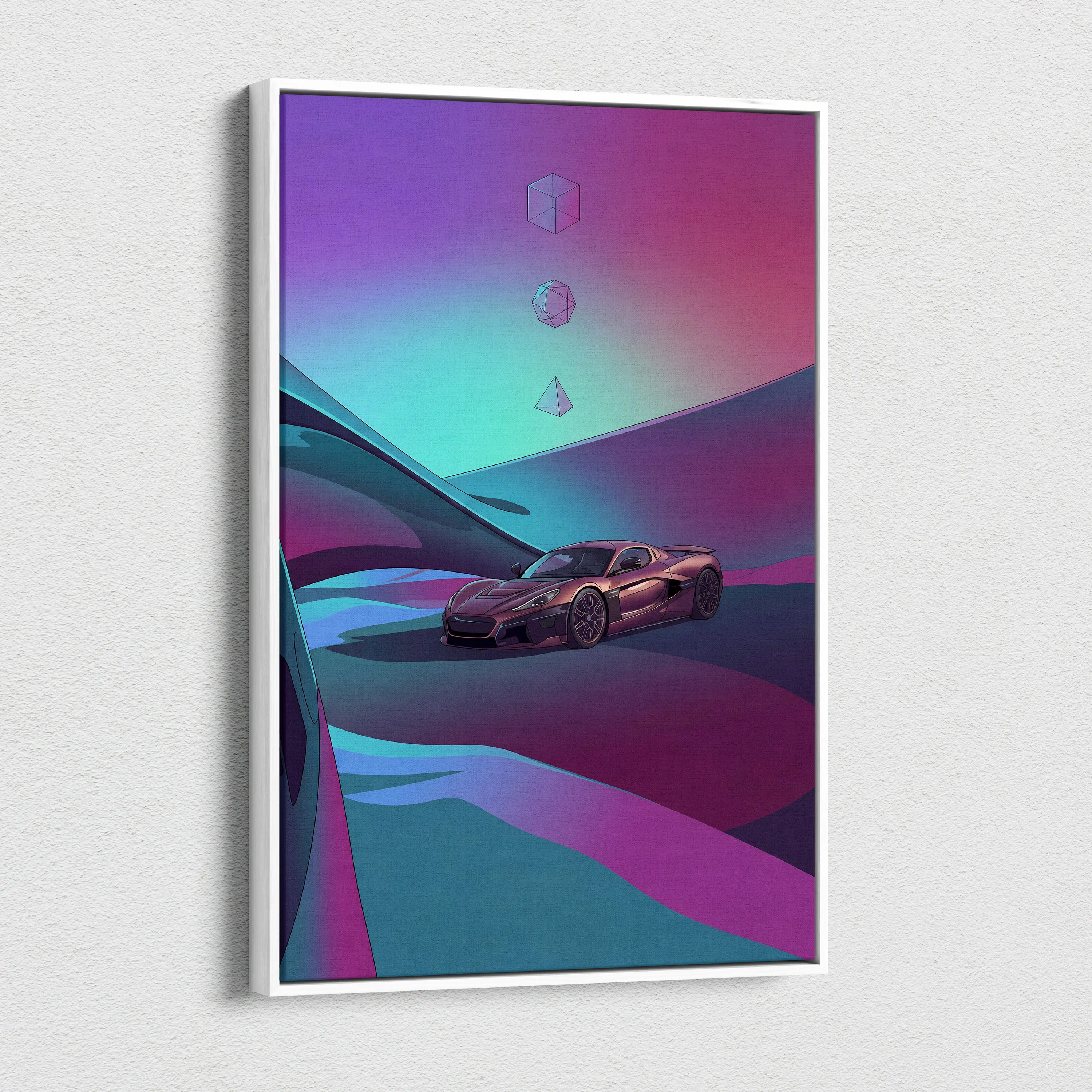 Rimac Nevera Inspired Burgundy Teal Canvas Wall Art Vaporwave Abstract Hypercar Artwork, Futuristic Neon Supercar Garage Decor