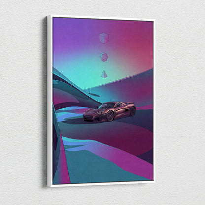 Rimac Nevera Inspired Burgundy Teal Canvas Wall Art Vaporwave Abstract Hypercar Artwork, Futuristic Neon Supercar Garage Decor