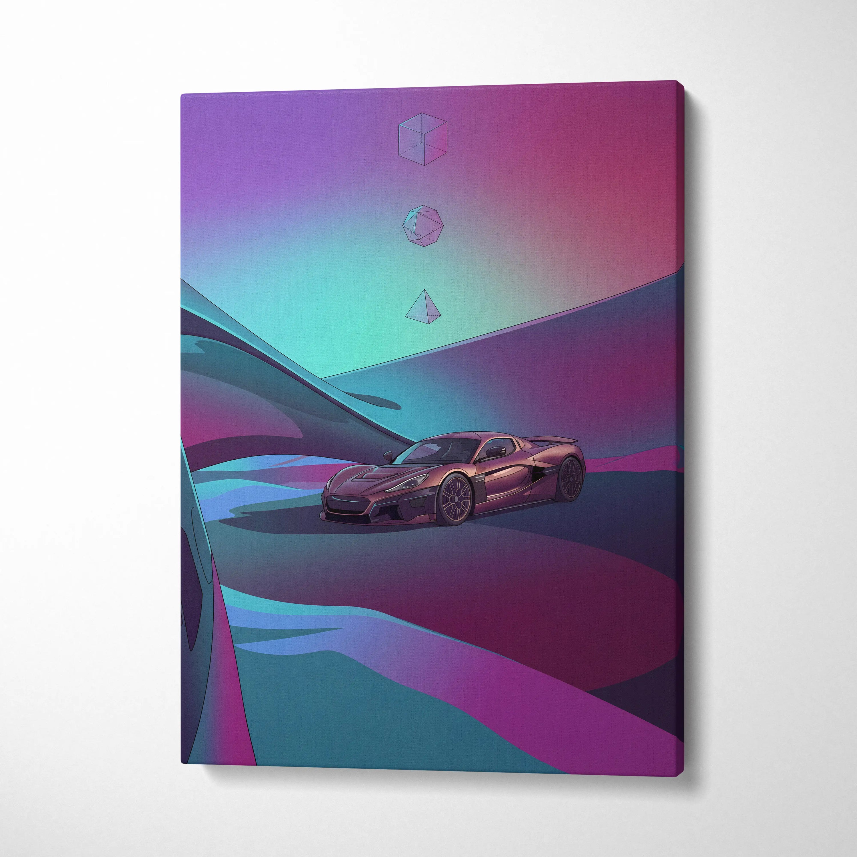 Rimac Nevera Inspired Burgundy Teal Canvas Wall Art Vaporwave Abstract Hypercar Artwork, Futuristic Neon Supercar Garage Decor
