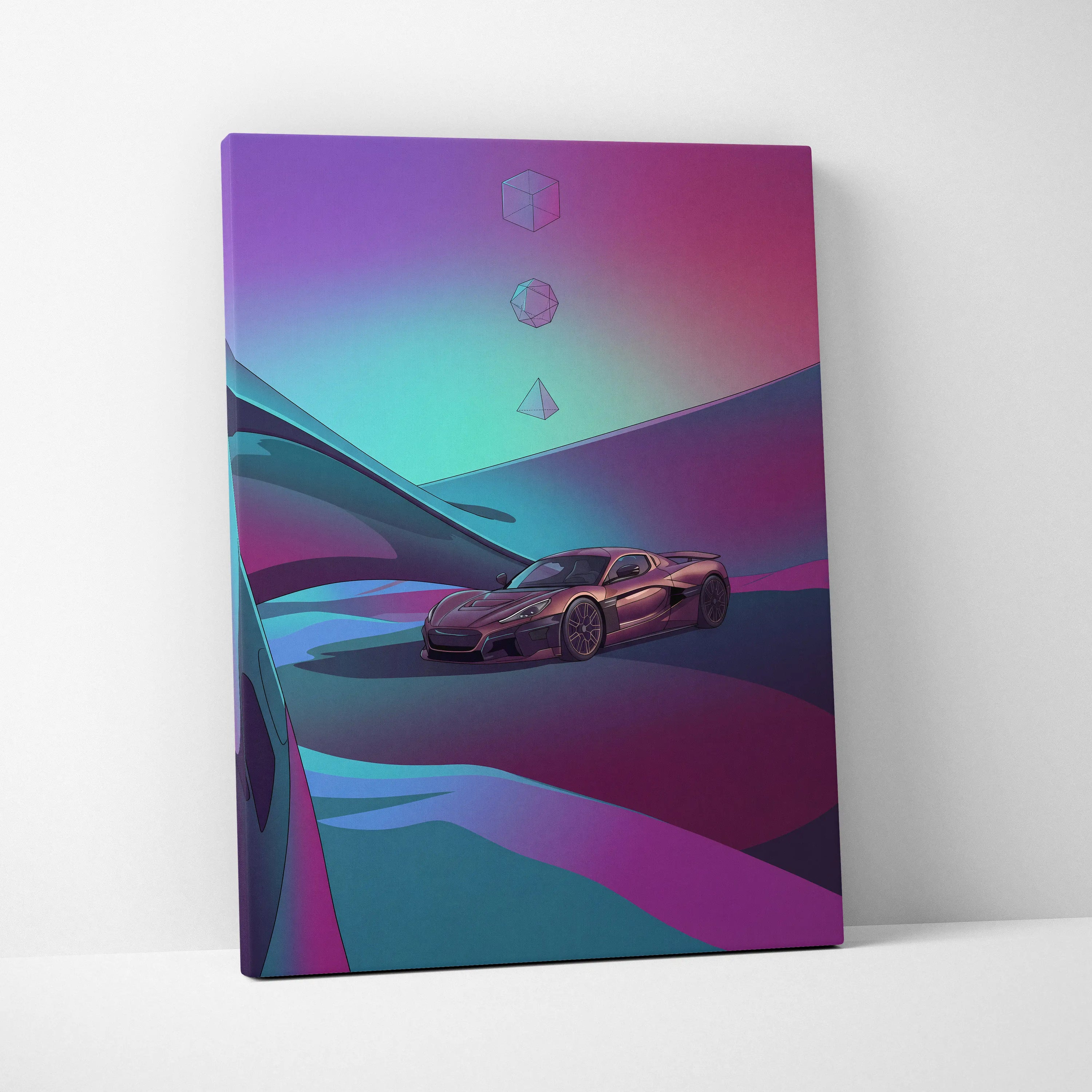 Rimac Nevera Inspired Burgundy Teal Canvas Wall Art Vaporwave Abstract Hypercar Artwork, Futuristic Neon Supercar Garage Decor