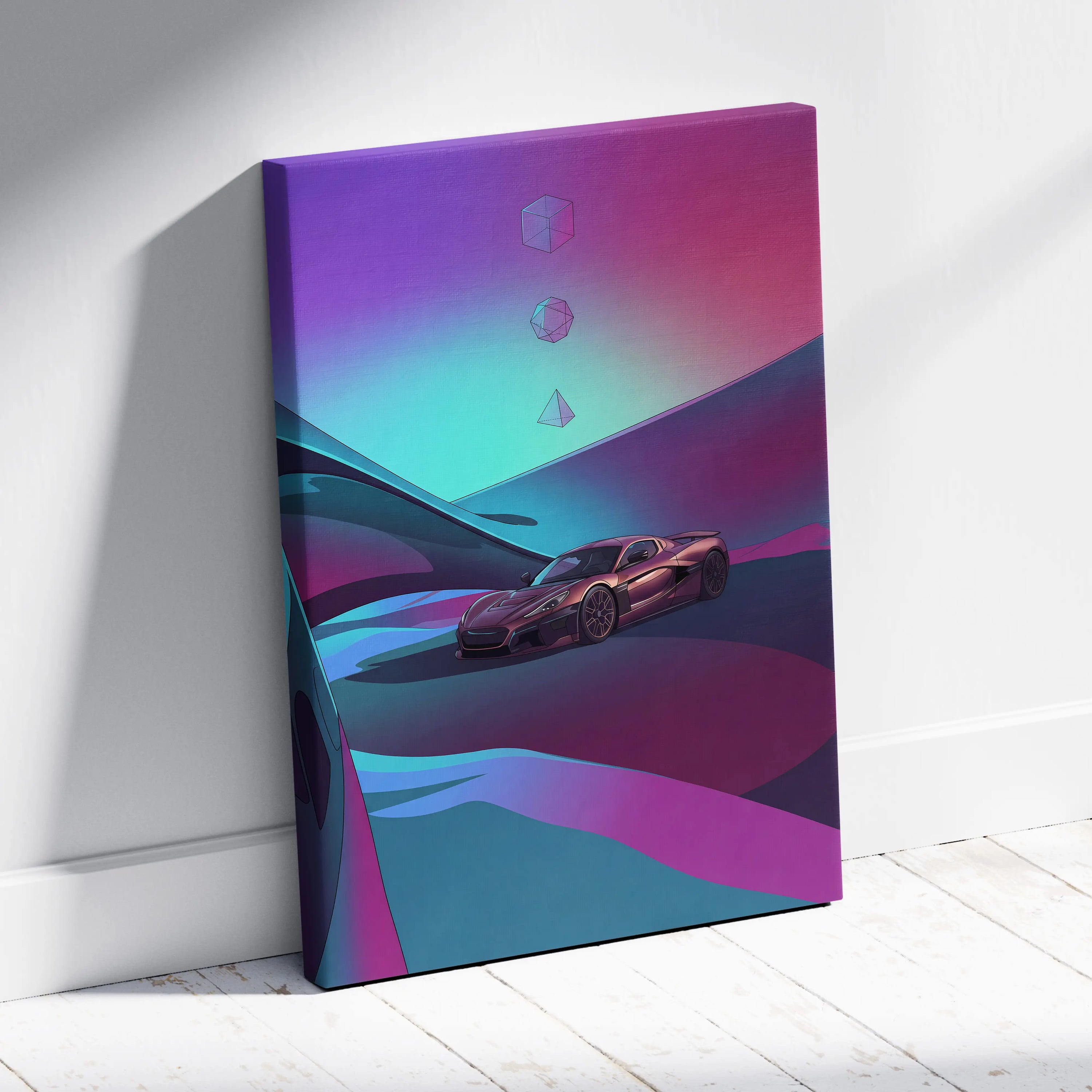 Rimac Nevera Inspired Burgundy Teal Canvas Wall Art Vaporwave Abstract Hypercar Artwork, Futuristic Neon Supercar Garage Decor