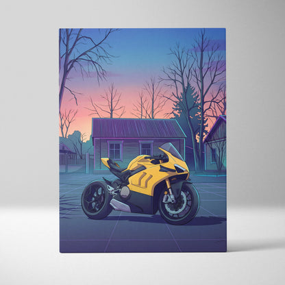 Ducati Panigale V4 Inspired Yellow Purple Motorcycle Canvas Wall Art Vaporwave Sunset Sportbike Artwork for Garage Decor Retro Futuristic Print