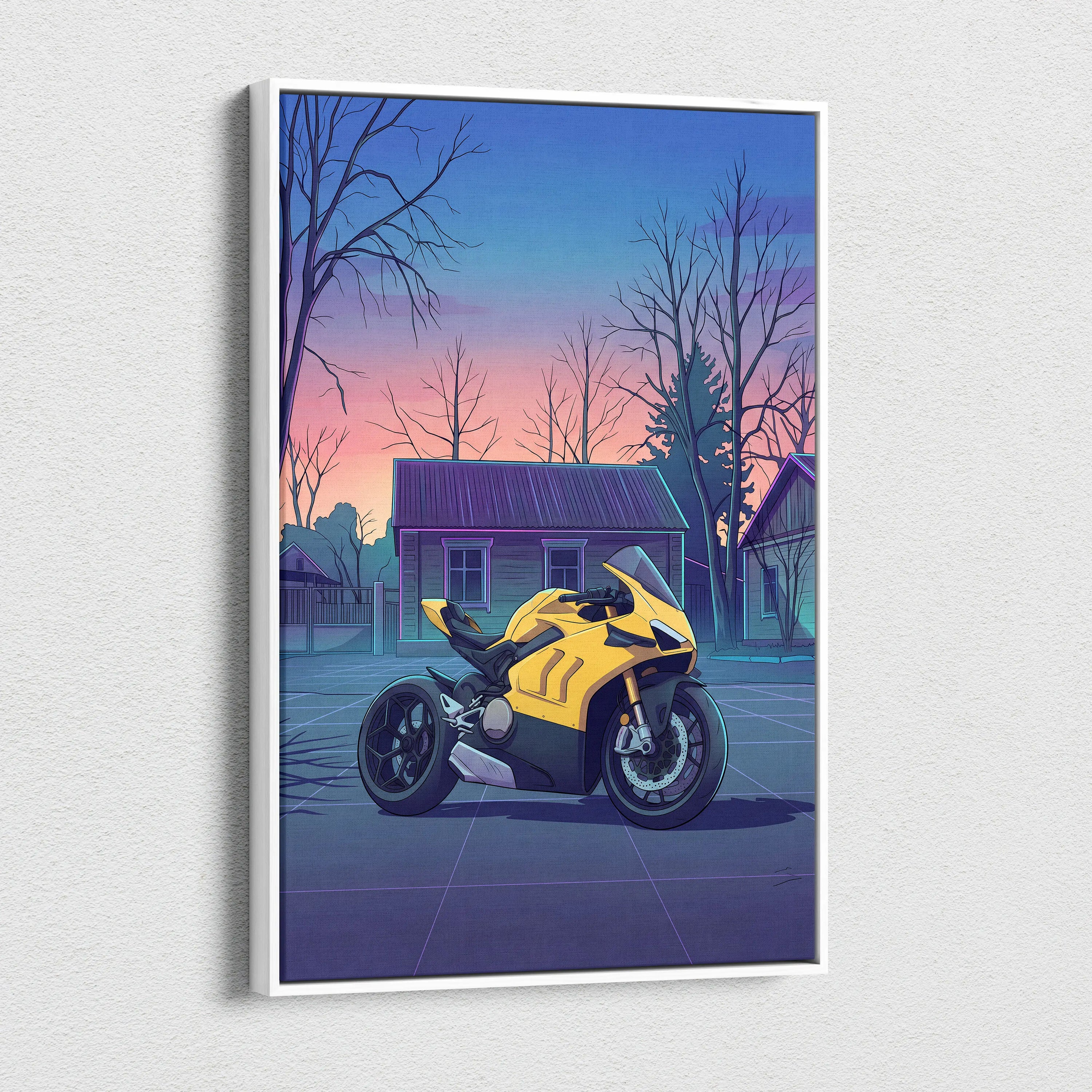 Ducati Panigale V4 Inspired Yellow Purple Motorcycle Canvas Wall Art Vaporwave Sunset Sportbike Artwork for Garage Decor Retro Futuristic Print