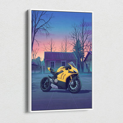 Ducati Panigale V4 Inspired Yellow Purple Motorcycle Canvas Wall Art Vaporwave Sunset Sportbike Artwork for Garage Decor Retro Futuristic Print