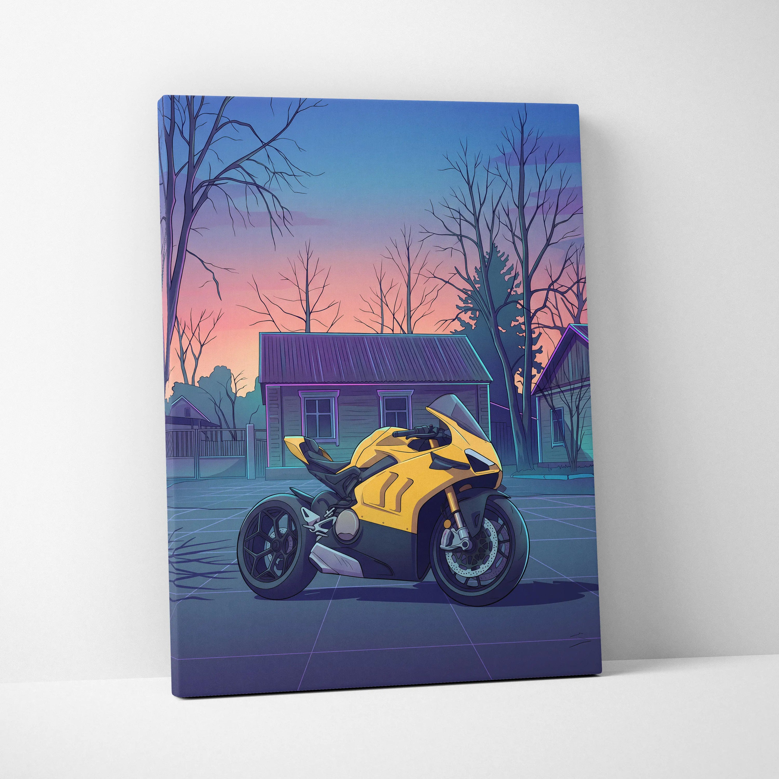 Ducati Panigale V4 Inspired Yellow Purple Motorcycle Canvas Wall Art Vaporwave Sunset Sportbike Artwork for Garage Decor Retro Futuristic Print
