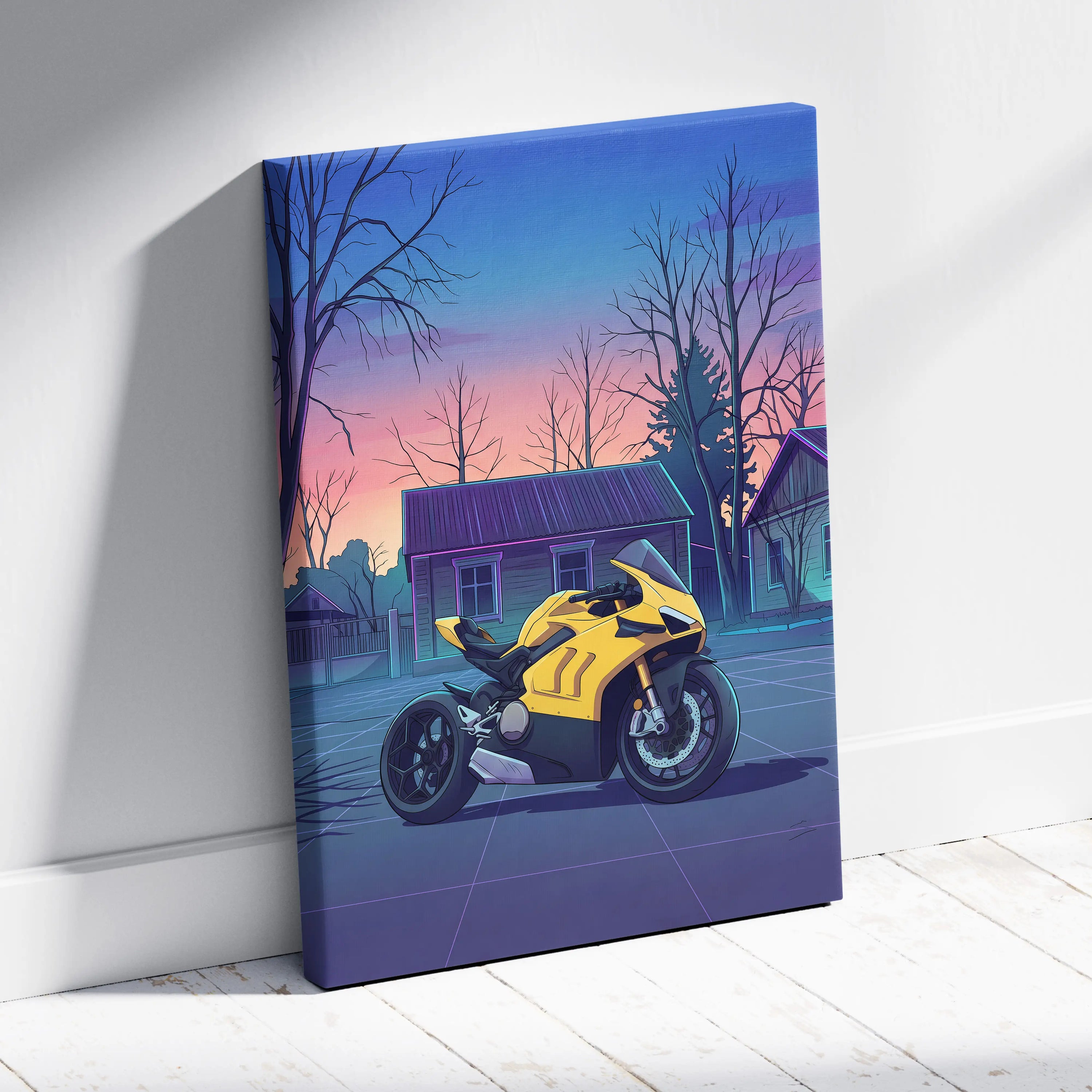 Ducati Panigale V4 Inspired Yellow Purple Motorcycle Canvas Wall Art Vaporwave Sunset Sportbike Artwork for Garage Decor Retro Futuristic Print