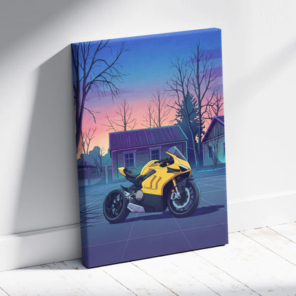 Ducati Panigale V4 Inspired Yellow Purple Motorcycle Canvas Wall Art Vaporwave Sunset Sportbike Artwork for Garage Decor Retro Futuristic Print