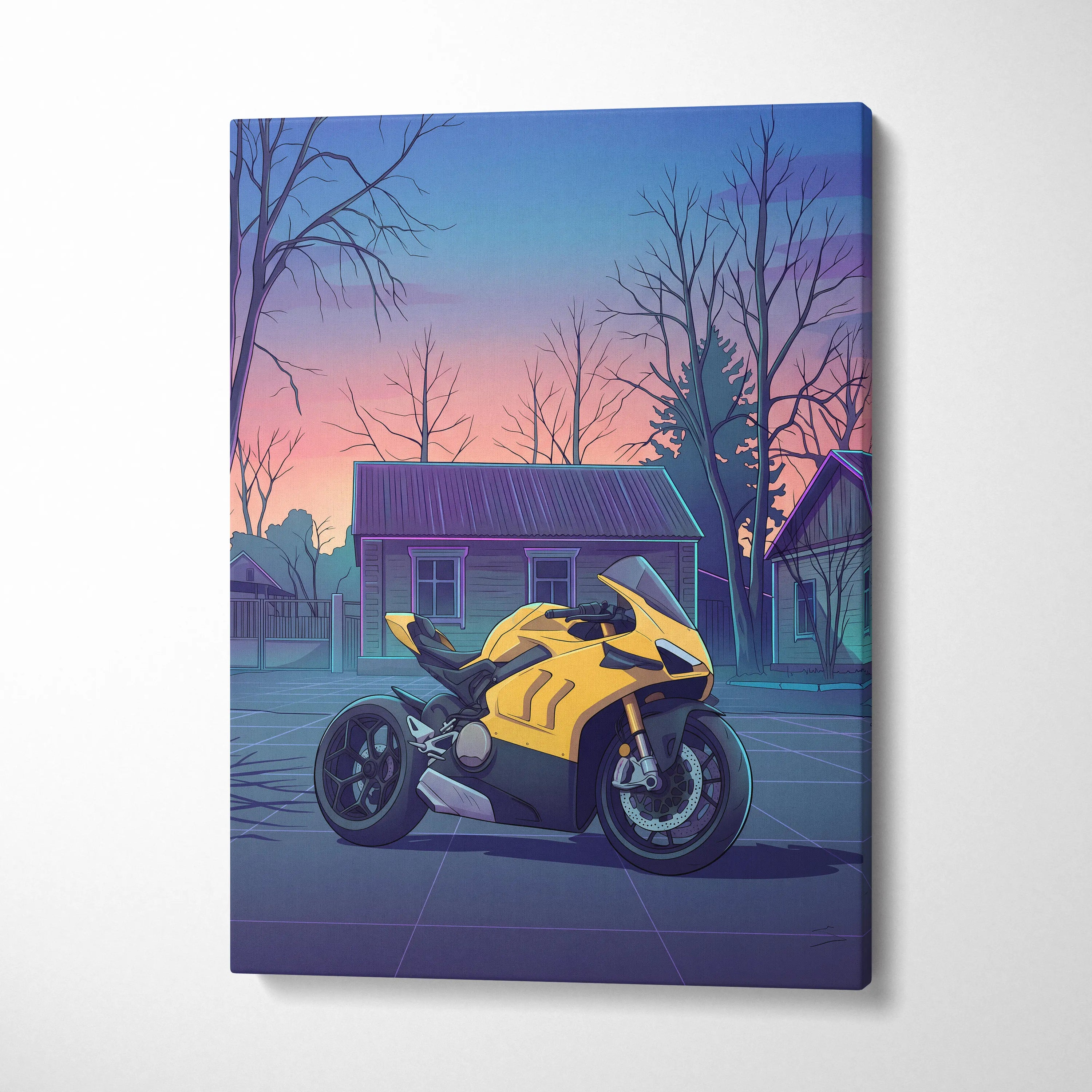 Ducati Panigale V4 Inspired Yellow Purple Motorcycle Canvas Wall Art Vaporwave Sunset Sportbike Artwork for Garage Decor Retro Futuristic Print