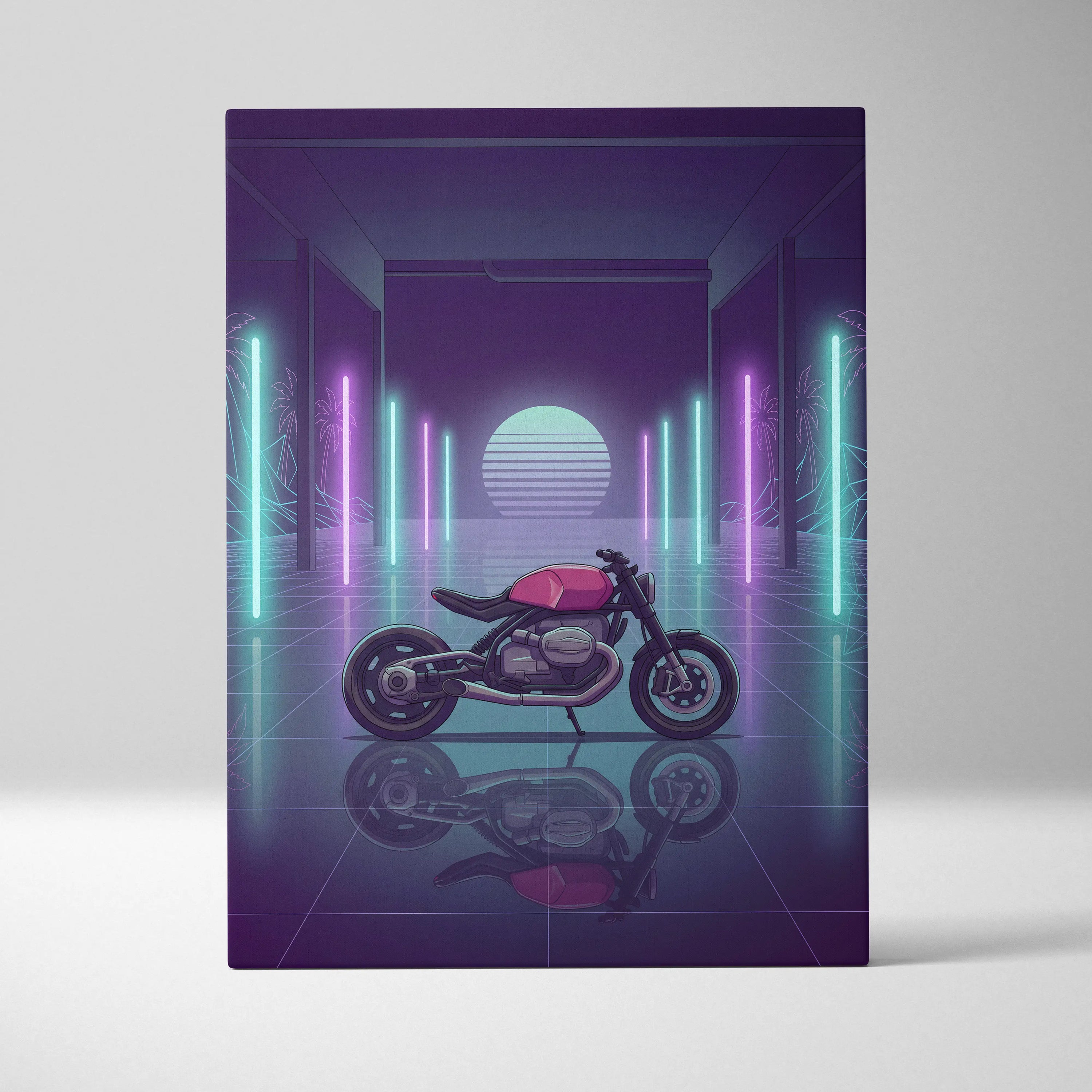 BMW Custom R NineT Inspired Pink Purple Motorcycle Canvas Wall Art Vaporwave Neon Retro Futuristic Garage Decor Modern Café Racer Artwork
