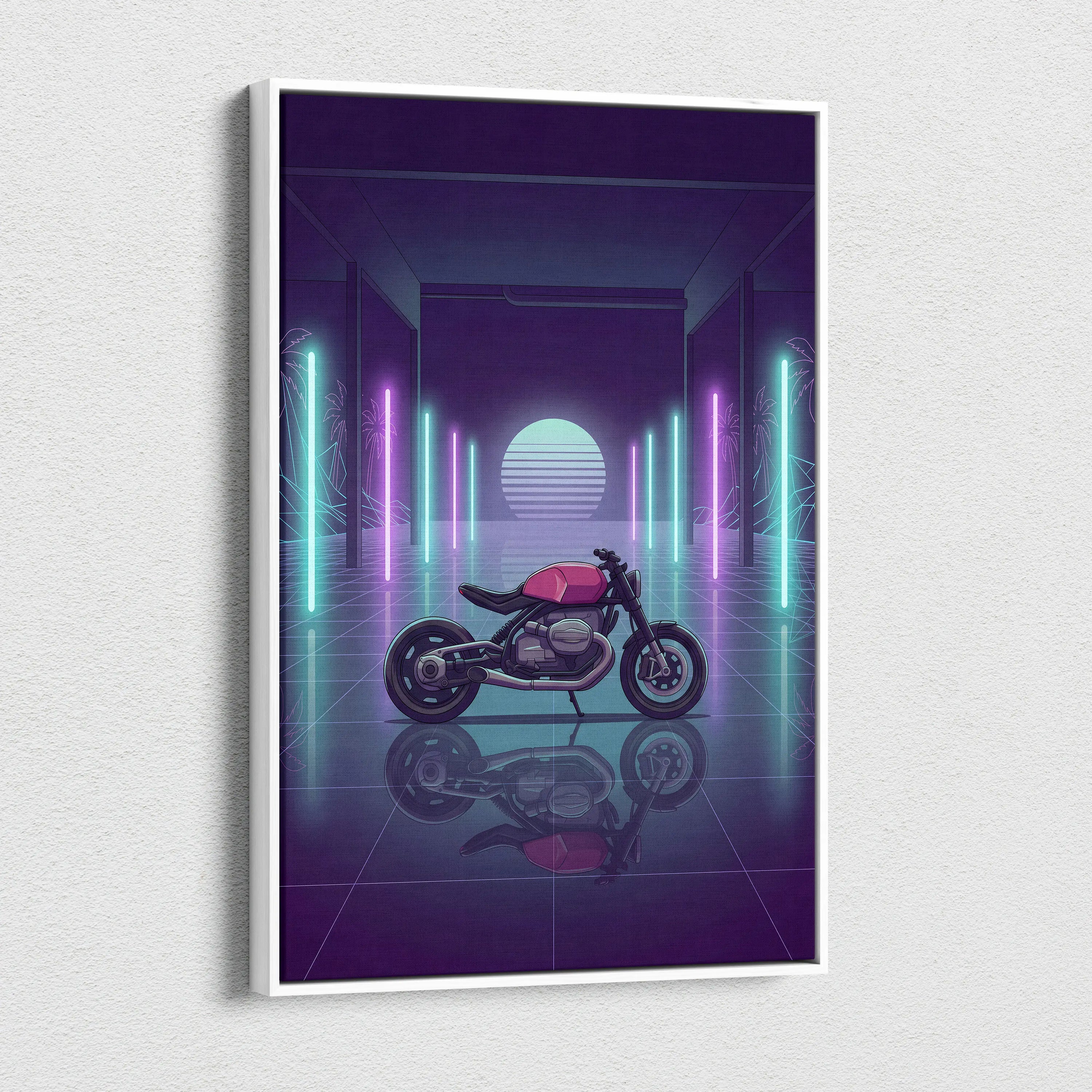 BMW Custom R NineT Inspired Pink Purple Motorcycle Canvas Wall Art Vaporwave Neon Retro Futuristic Garage Decor Modern Café Racer Artwork