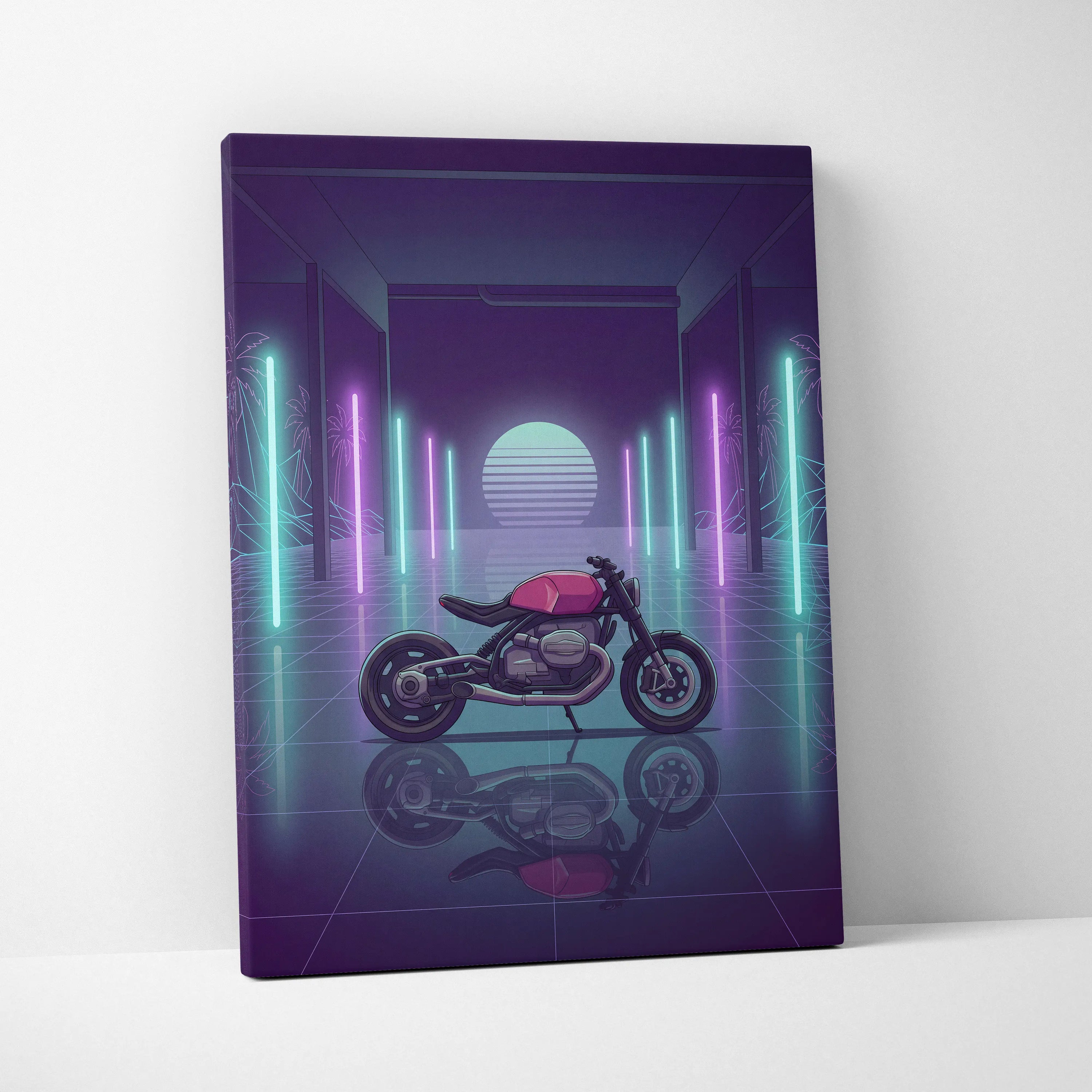 BMW Custom R NineT Inspired Pink Purple Motorcycle Canvas Wall Art Vaporwave Neon Retro Futuristic Garage Decor Modern Café Racer Artwork