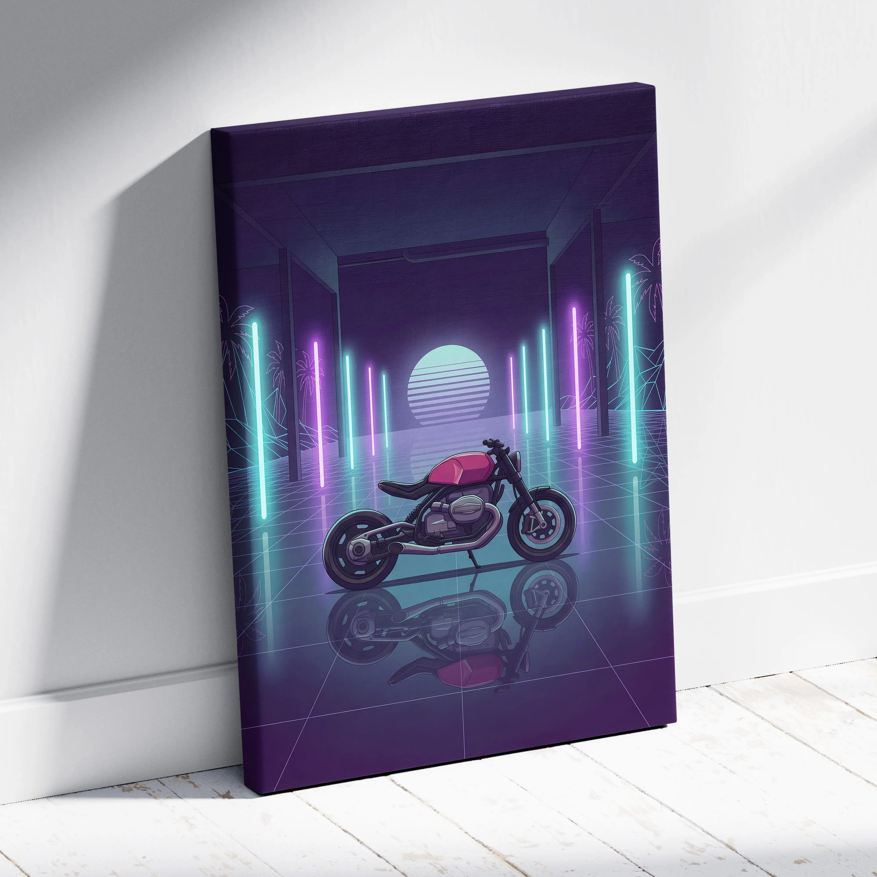 BMW Custom R NineT Inspired Pink Purple Motorcycle Canvas Wall Art Vaporwave Neon Retro Futuristic Garage Decor Modern Café Racer Artwork