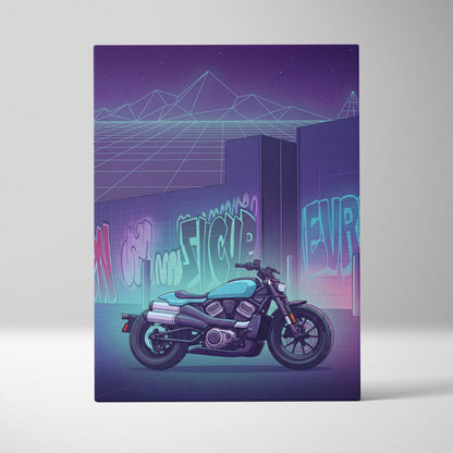 Sportster S Inspired Teal Purple Motorcycle Canvas Wall Art Vaporwave Graffiti Cruiser Artwork for Garage Decor Retro Futuristic Print