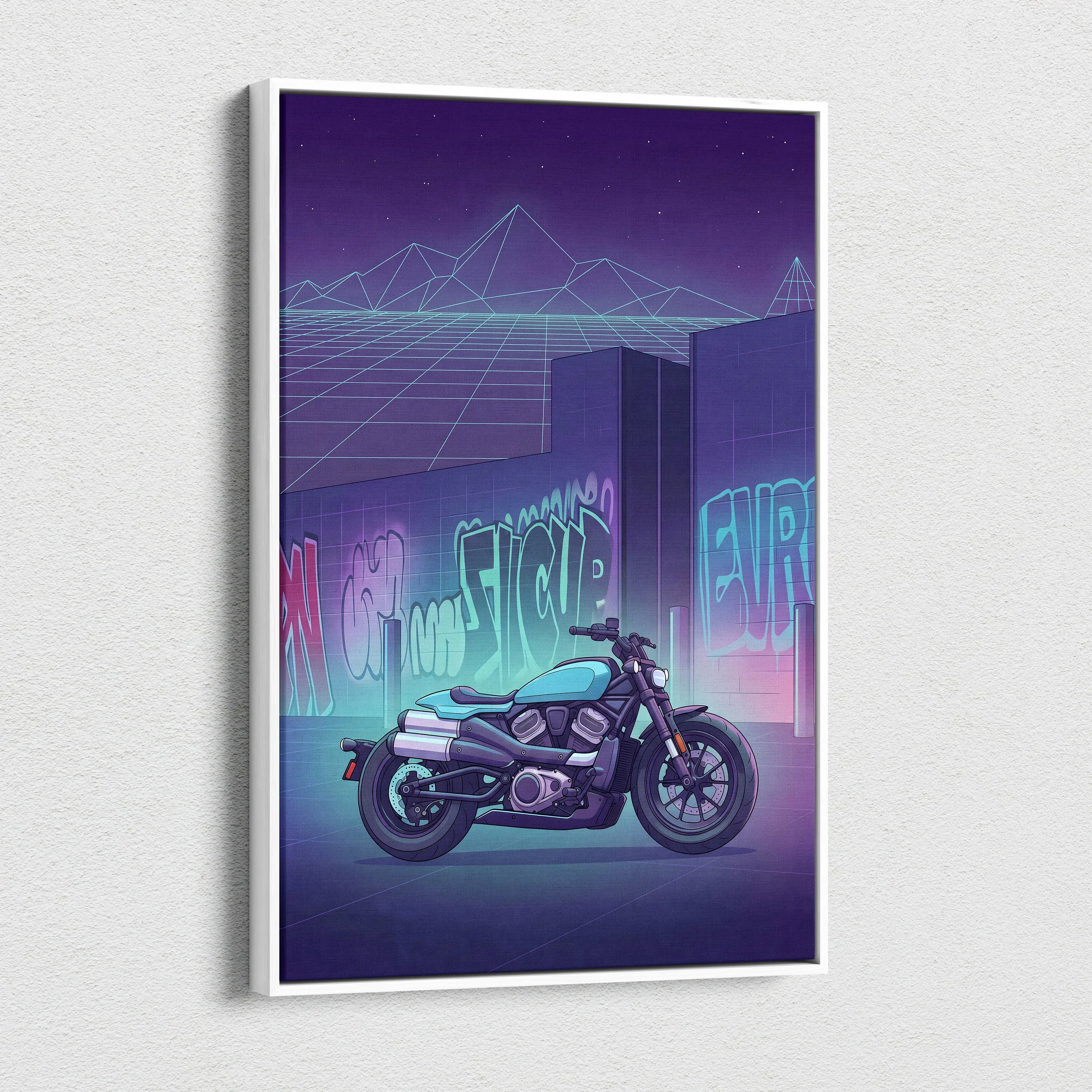 Sportster S Inspired Teal Purple Motorcycle Canvas Wall Art Vaporwave Graffiti Cruiser Artwork for Garage Decor Retro Futuristic Print
