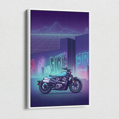 Sportster S Inspired Teal Purple Motorcycle Canvas Wall Art Vaporwave Graffiti Cruiser Artwork for Garage Decor Retro Futuristic Print