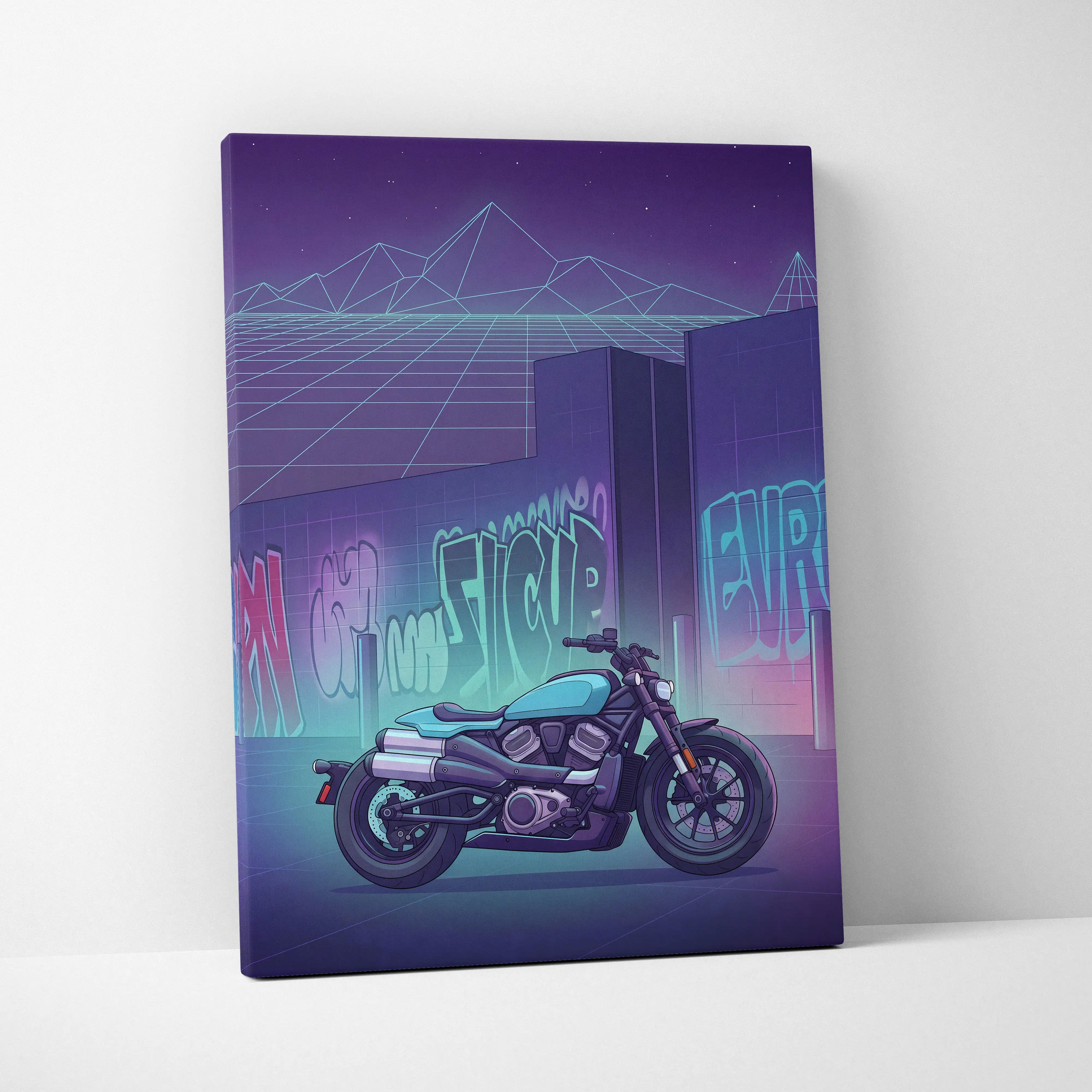 Sportster S Inspired Teal Purple Motorcycle Canvas Wall Art Vaporwave Graffiti Cruiser Artwork for Garage Decor Retro Futuristic Print