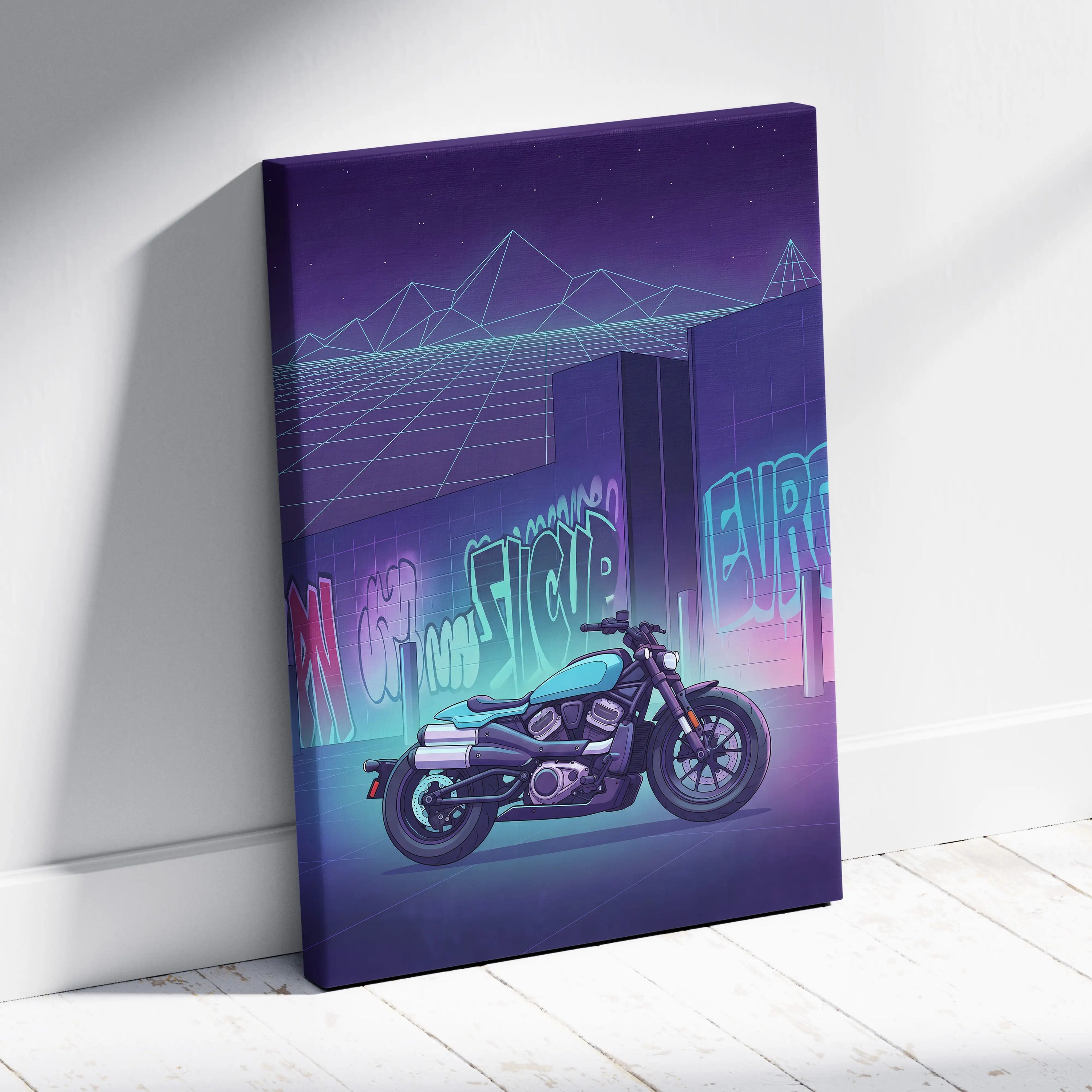Sportster S Inspired Teal Purple Motorcycle Canvas Wall Art Vaporwave Graffiti Cruiser Artwork for Garage Decor Retro Futuristic Print