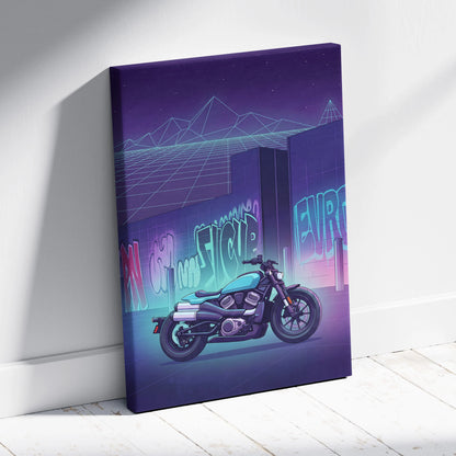 Sportster S Inspired Teal Purple Motorcycle Canvas Wall Art Vaporwave Graffiti Cruiser Artwork for Garage Decor Retro Futuristic Print