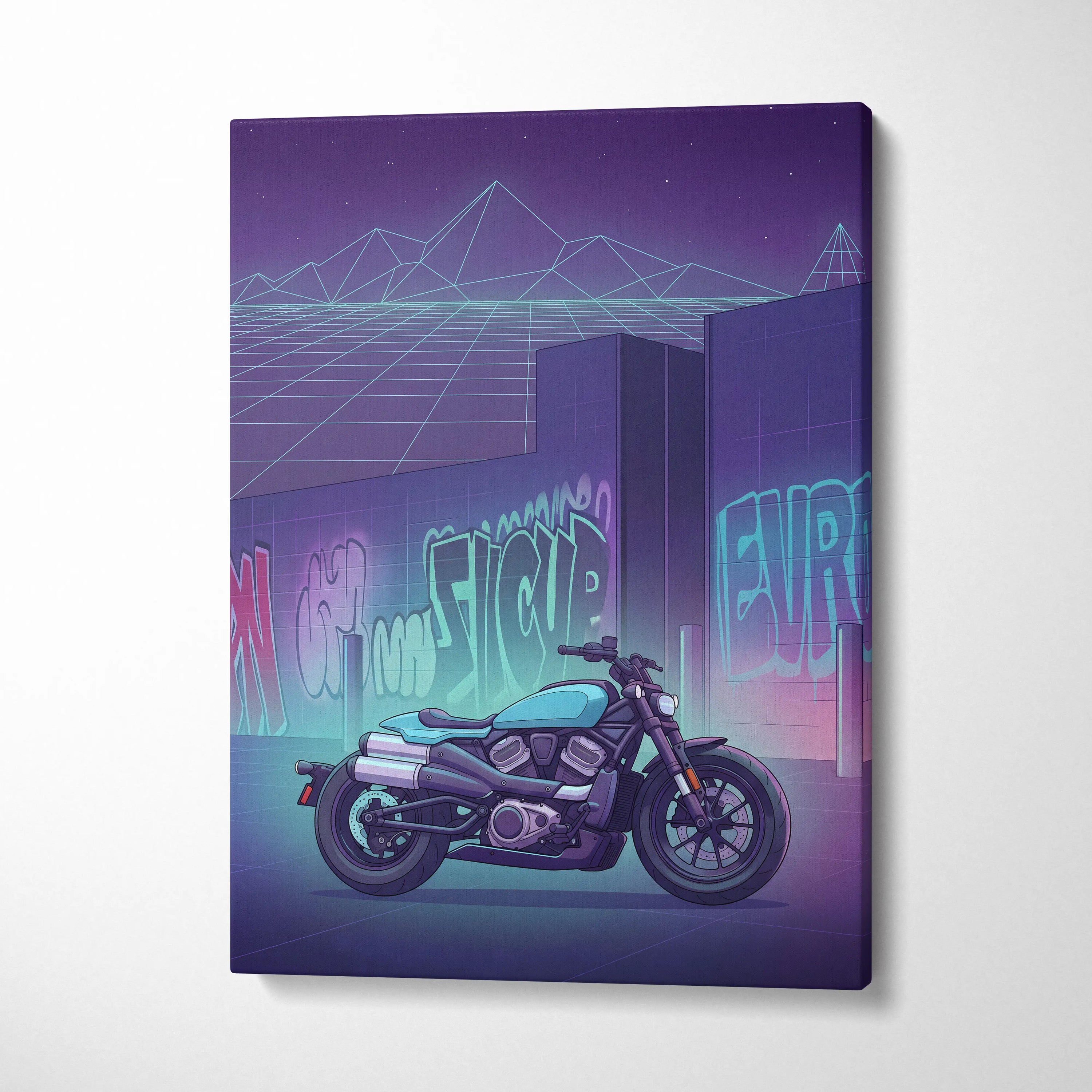 Sportster S Inspired Teal Purple Motorcycle Canvas Wall Art Vaporwave Graffiti Cruiser Artwork for Garage Decor Retro Futuristic Print